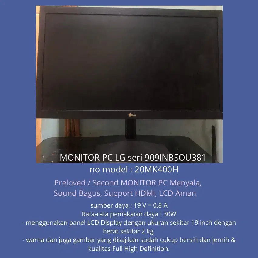Preloved Monitor PC brand LG Menyala, support HDMI, Sound Bagus