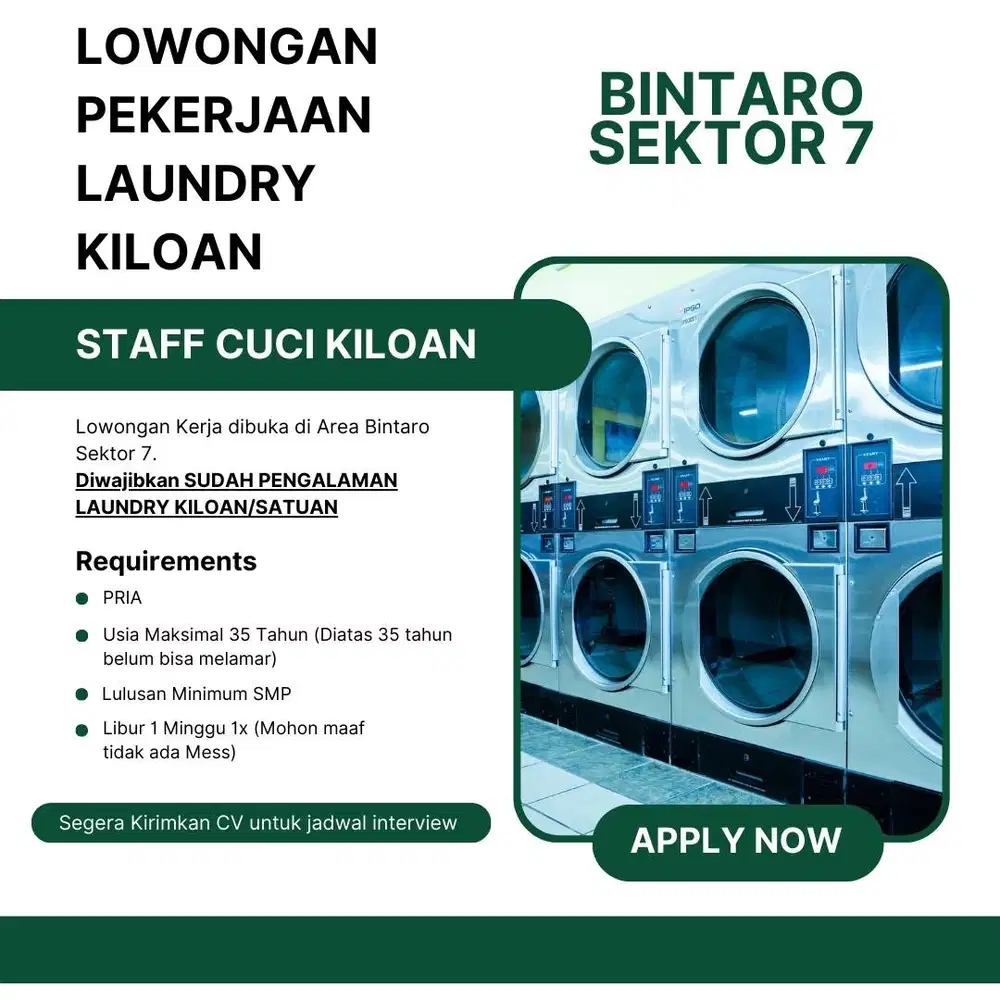 STAFF CUCI KILOAN / DRY CLEAN (WAJIB PENGALAMAN LAUNDRY) BINTARO