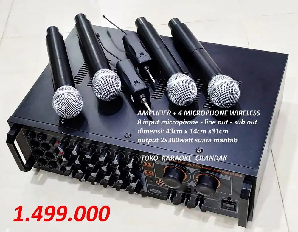 AMPLIFIER KARAOKE3000 + 4 MICRPHONE WIRELESS usb - sd card - efek echo