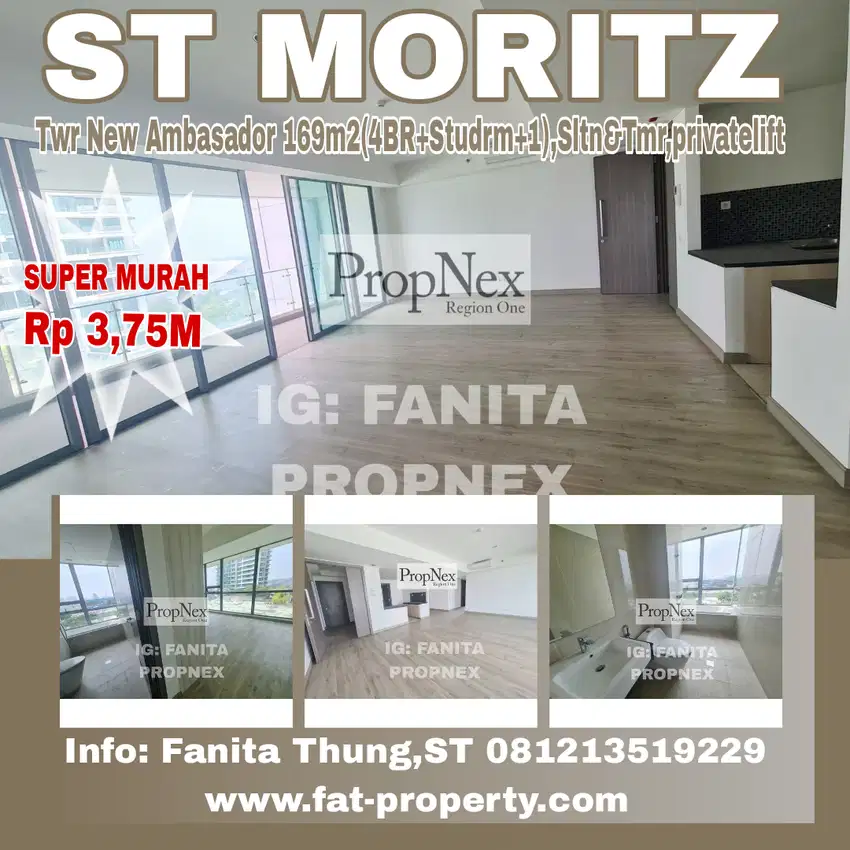 Dijual Apt ST MORITZ Twr New Ambasador 169m2(4BR+Studyrm+1),lt rendag,