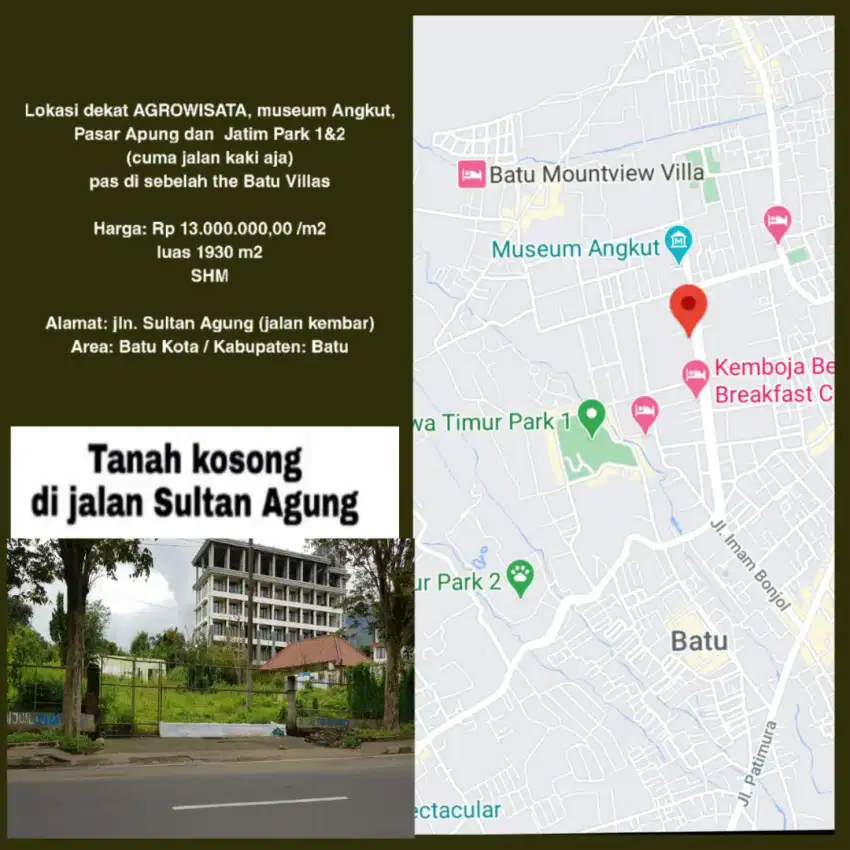 Dijual tanah lokasi strategis daerah wisata batu dekat jatim park 1&2