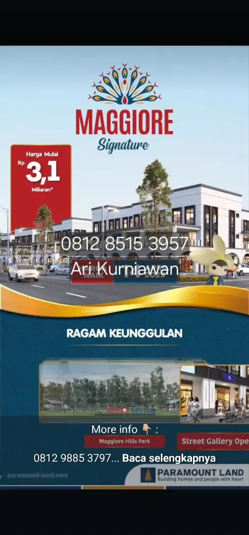 3,1m dpt ruko menghadap jalan &view sanau 22ha Maggiore signature easr