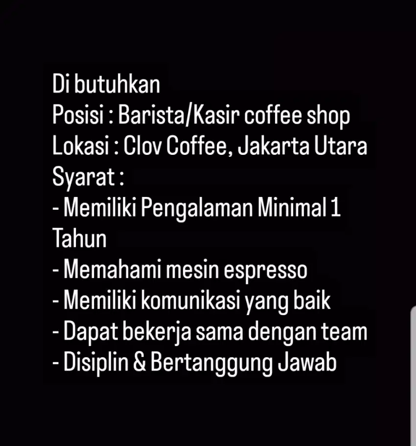 Di butuhkan Barista/Kasir Coffee Shop