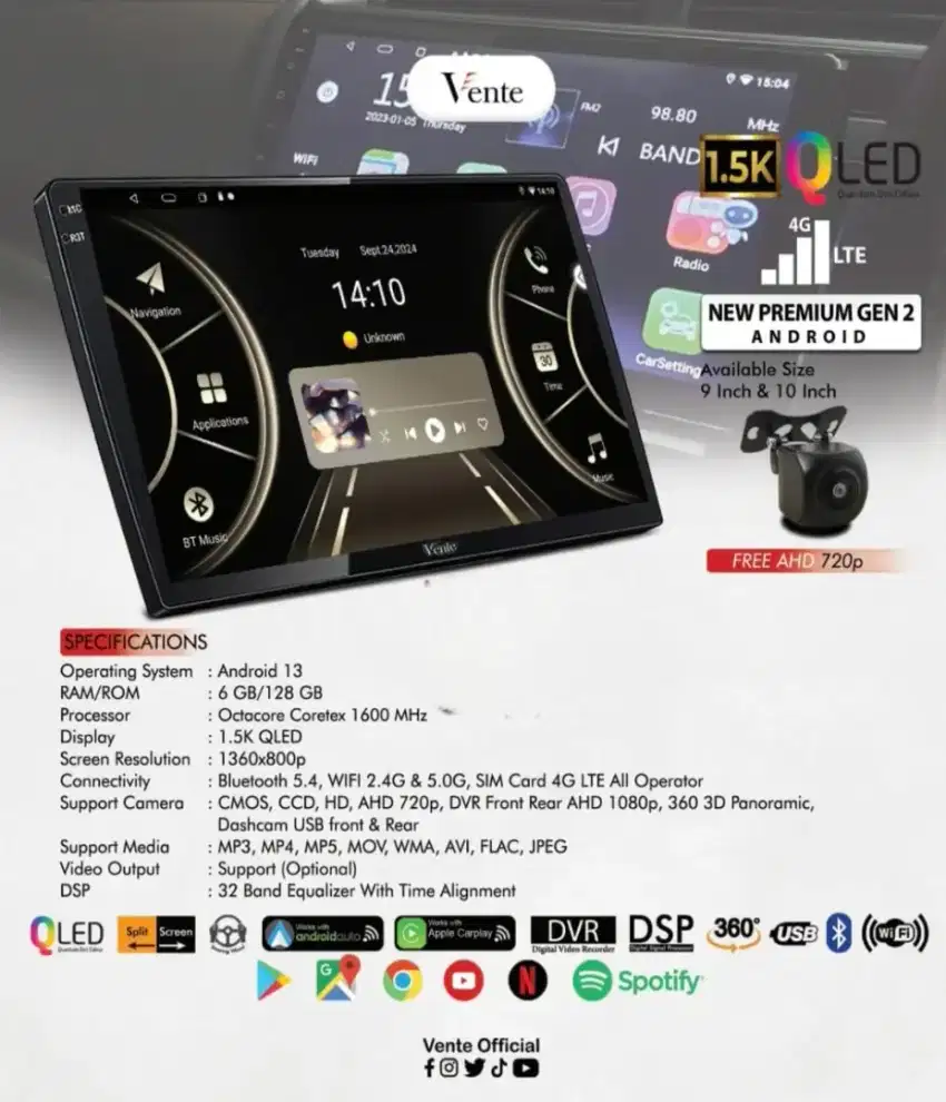 Headunit Android Mobil Vente Premium 9 inch , Free Camera AHD