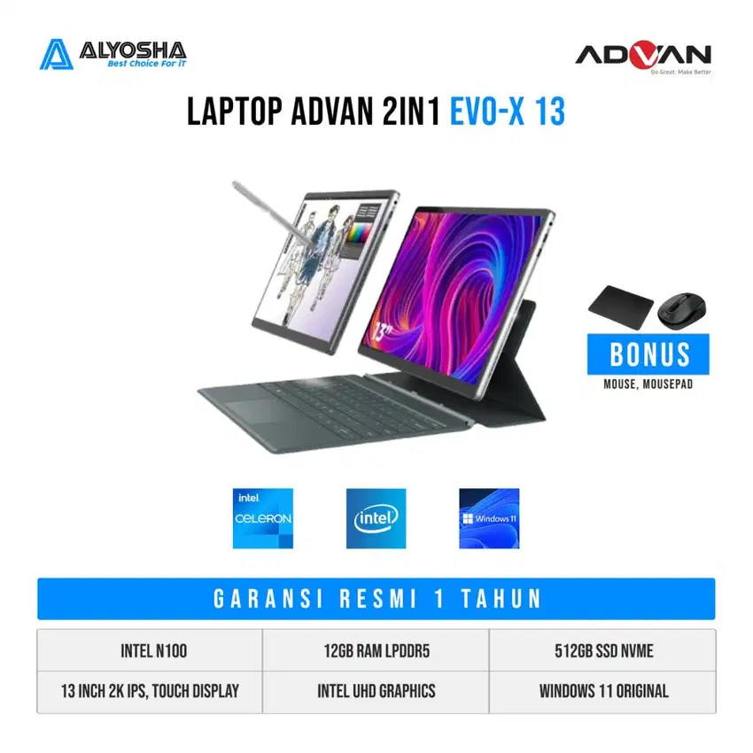 Advan 2in1 Evo-X 13 Intel N100 12GB SSD 512GB 13″ 2K Touch