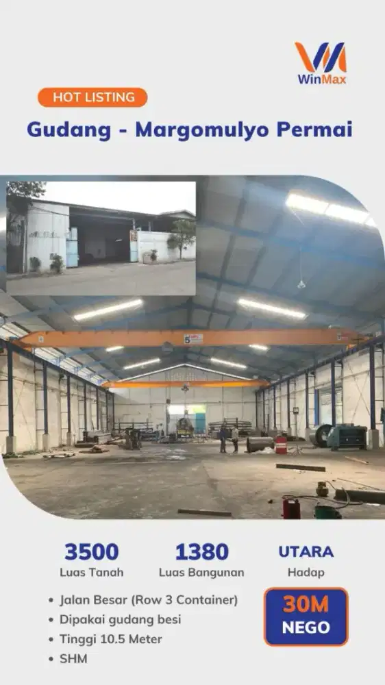 Dijual gudang siap pakai dan kokoh, Jalan Utama Margomulyo Permai ***