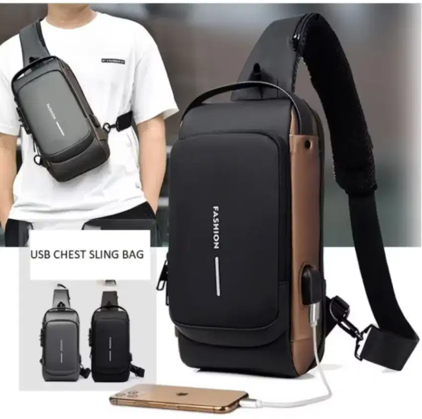 Tas Slempang Pria USB Fashion Waterproof Men Chest Sling Bag