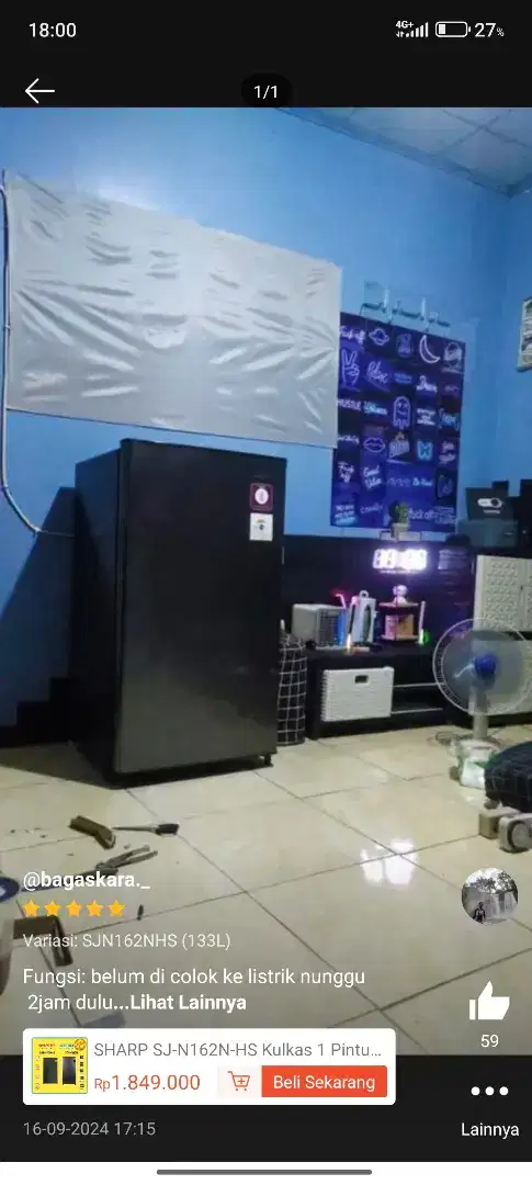 Dijual kulkas baru garansi Sharp SJ-N162