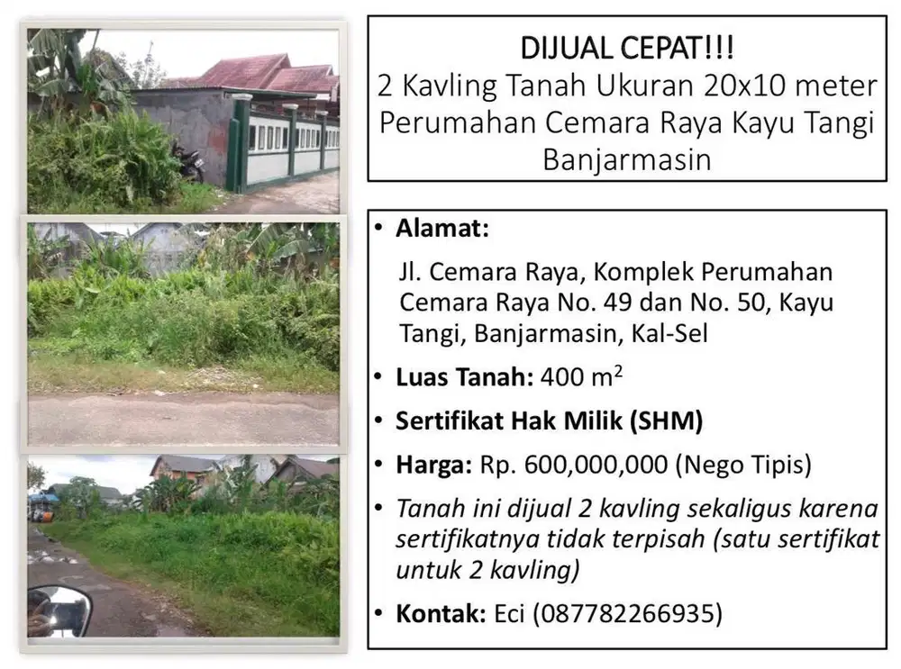 Di Jual Tanah Dua Kapling Ukuran 20 X 10 Cemara Kayutangi