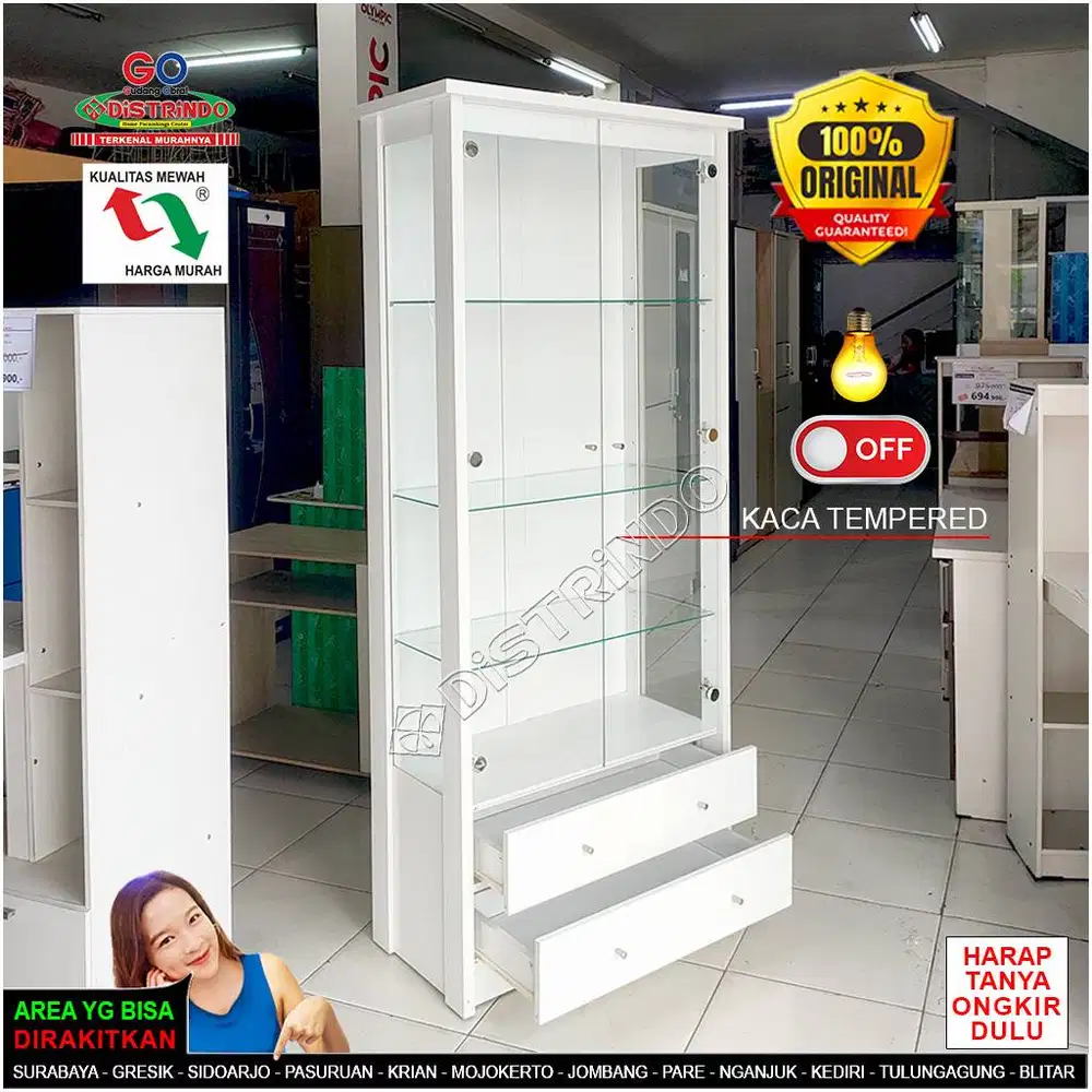 Lemari Hias Kaca Etalase Pajang 2 Pintu + LAMPU + 2 LACI