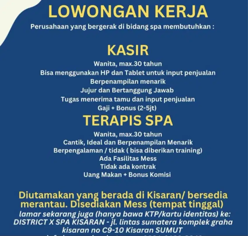 Dibutuhkan segera kasir dan terapis spa pijat refleksi