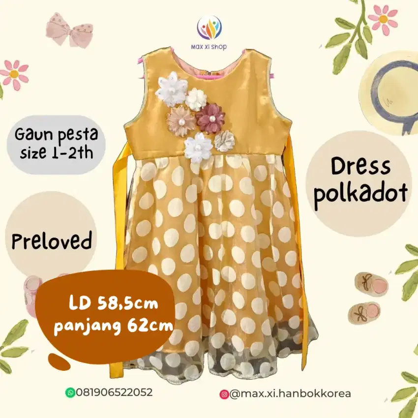 Baju pesta dress gaun anak perempuan polkadot kuning gold