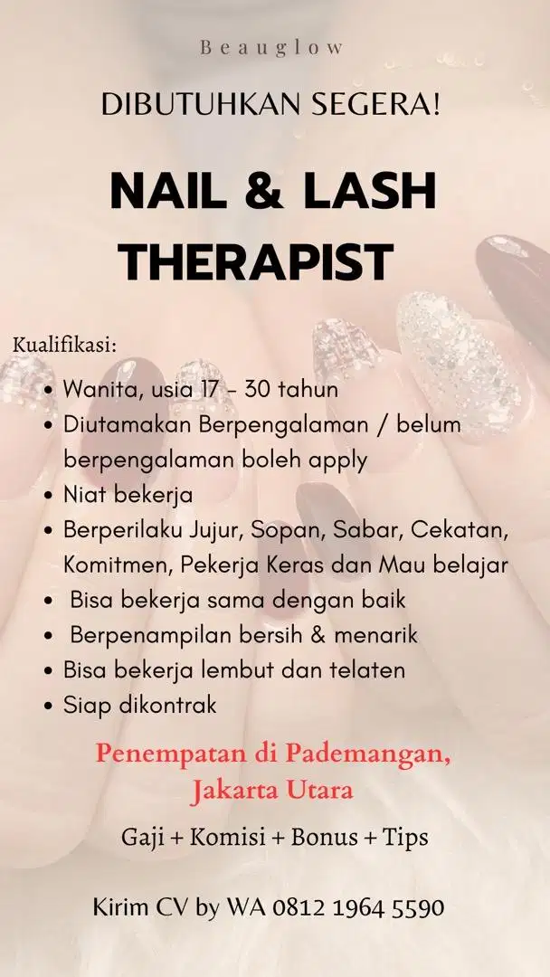 Dicari Lash & Nail therapist