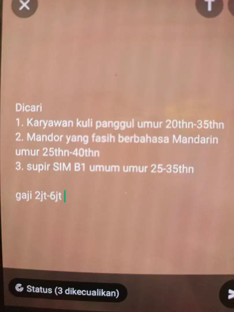 Dicari karyawan kuli panggul, mandor dna supir umum
