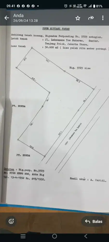 Tanah komersial, lokasi samping honda sunter jkt, yg sangat strategis,