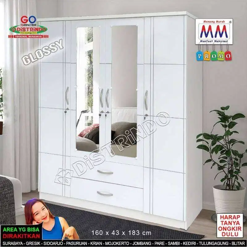 Lemari Pakaian BESAR 4 Pintu 2 Laci Putih Glossy Banyak Ruang Simpan
