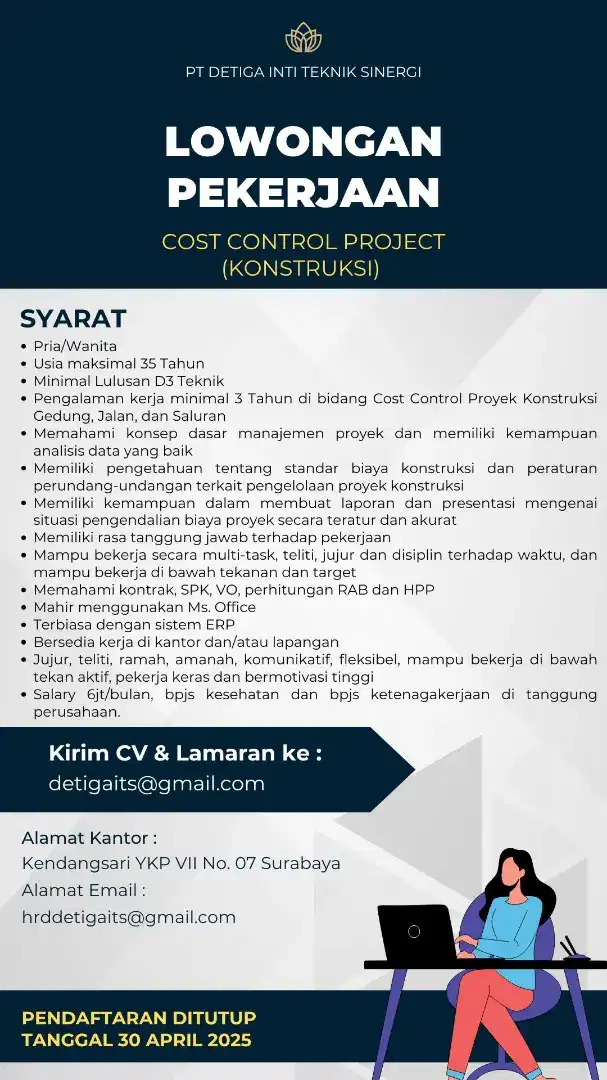 LOWONGAN KERJA KONSTRUKSI ESTIMATOR, COST CONTROL & SCHEDULER