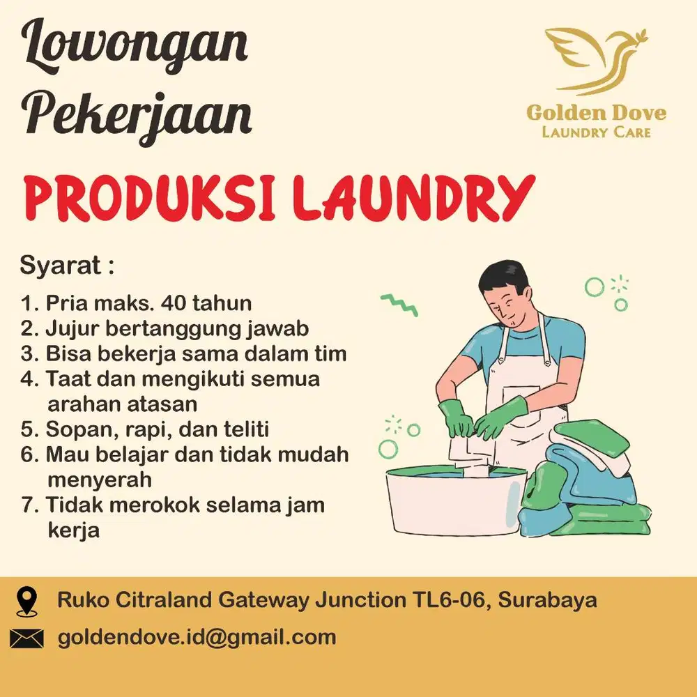 Lowongan Kerja Bagian Produksi Laundry di Surabaya Barat Khusus PRIA
