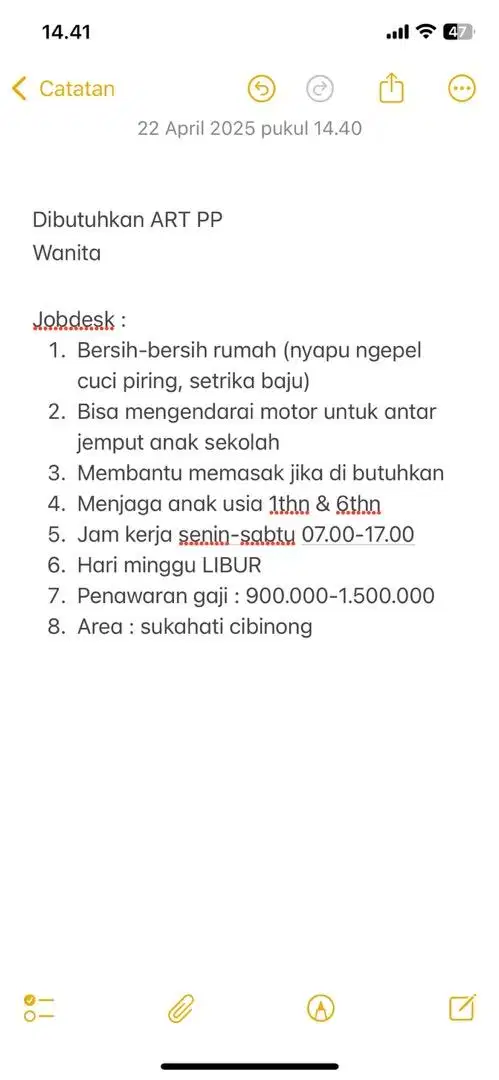 Di butuhkan ART PP wanita
