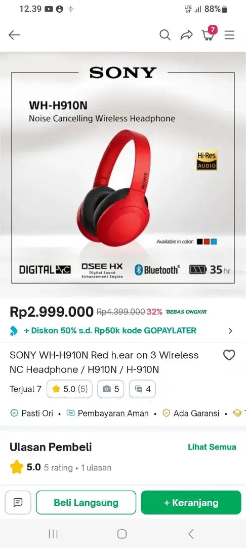 HEADPHONE SONY WH - H910N red h.ear on 3 wireless NC (bekas)
