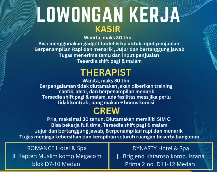 Dibutuhkan segera kasir, kru/cs dan terapis spa pijat refleksi