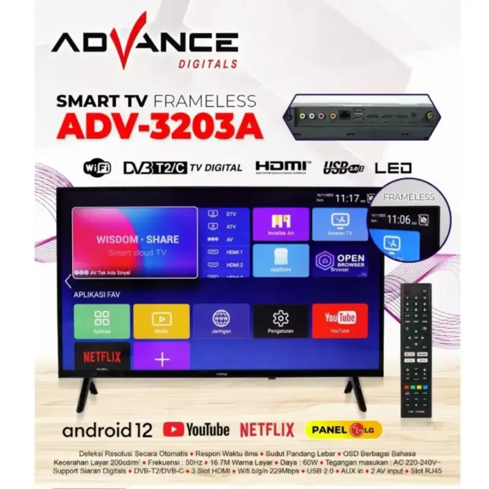 Smart android TV ADVANCE 32 inch (ADV-3203A) Android 14 terbaru