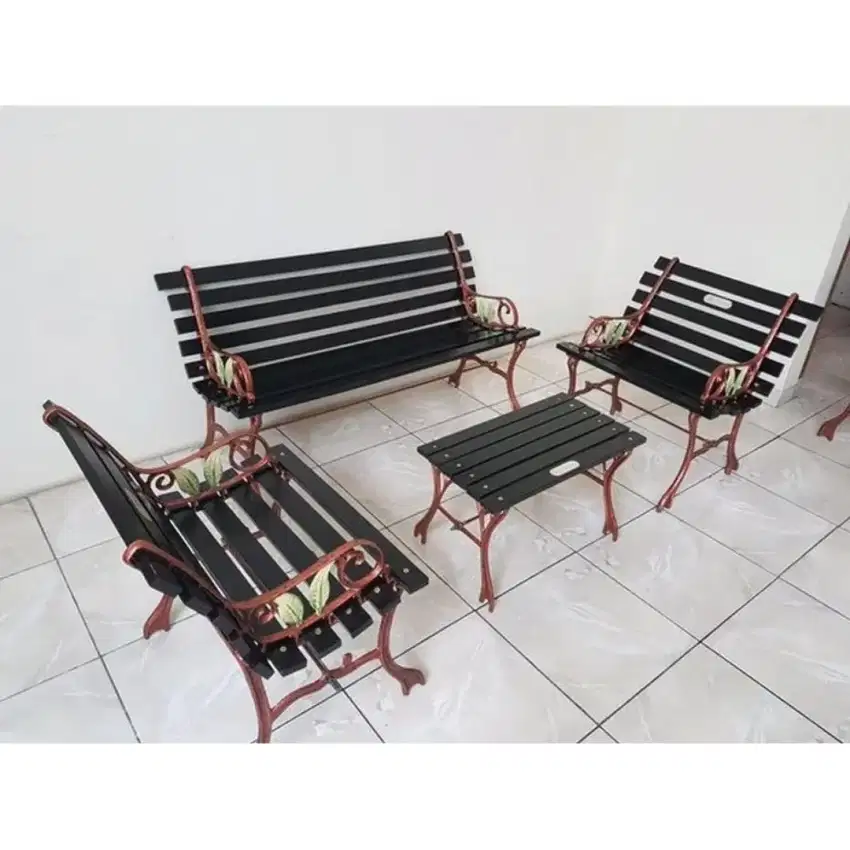 1Set kursi taman rangka besi tempa kayu
