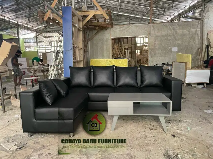 sofa tamu model L , sofa 4seater L 2seater & meja HPL