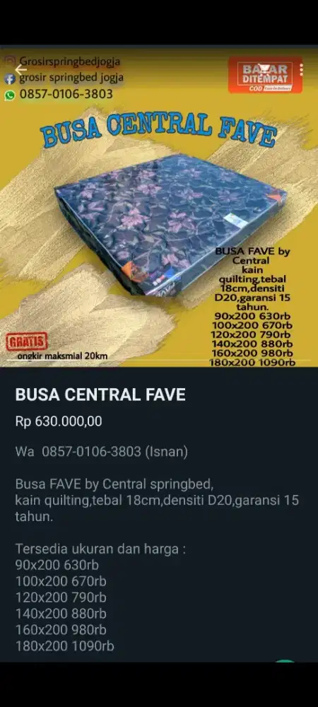 Kasur busa central fave densiti d20