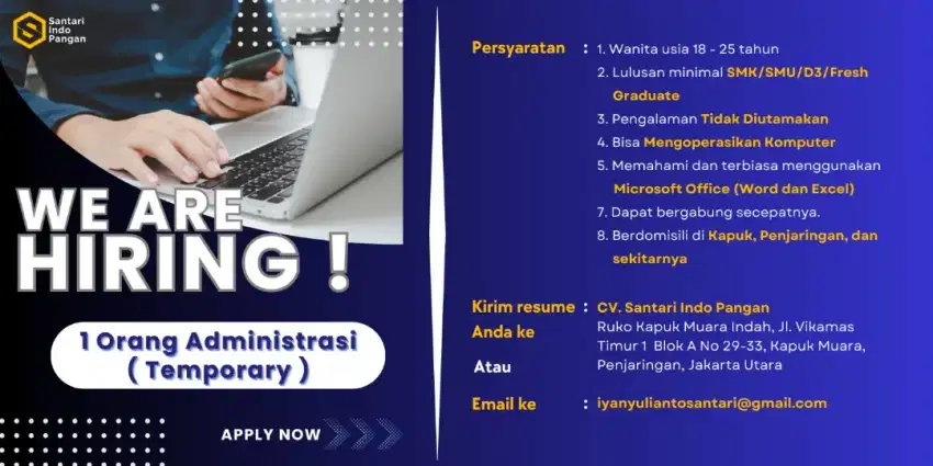 Dibutuhkan 1 Orang Administrasi (Temporary)