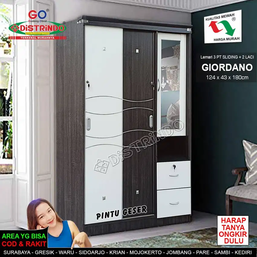 Lemari Pakaian 3 Pintu Geser Sliding Papan TEBAL 15mm Design Mewah