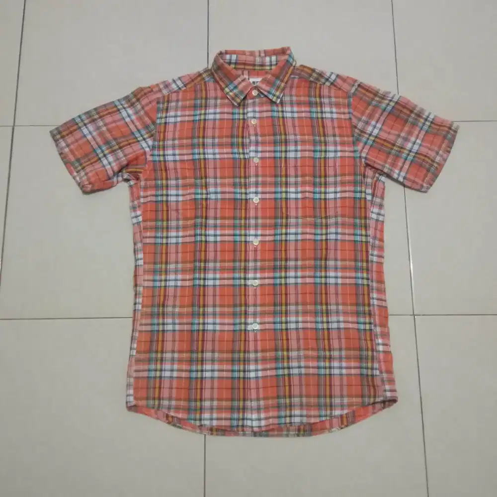 Kemeja Kotak Kotak Flanel Uniqlo Original Warna Orange