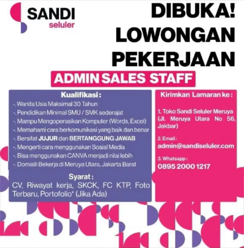LOWONGAN PEKERJAAN Admin Sales Staff / Frontliner toko retail Jakbar