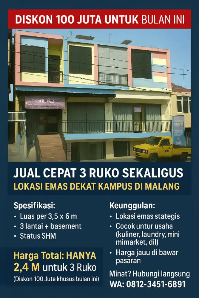Jual 3 ruko jejer samping kampus UB, UM, UMM
