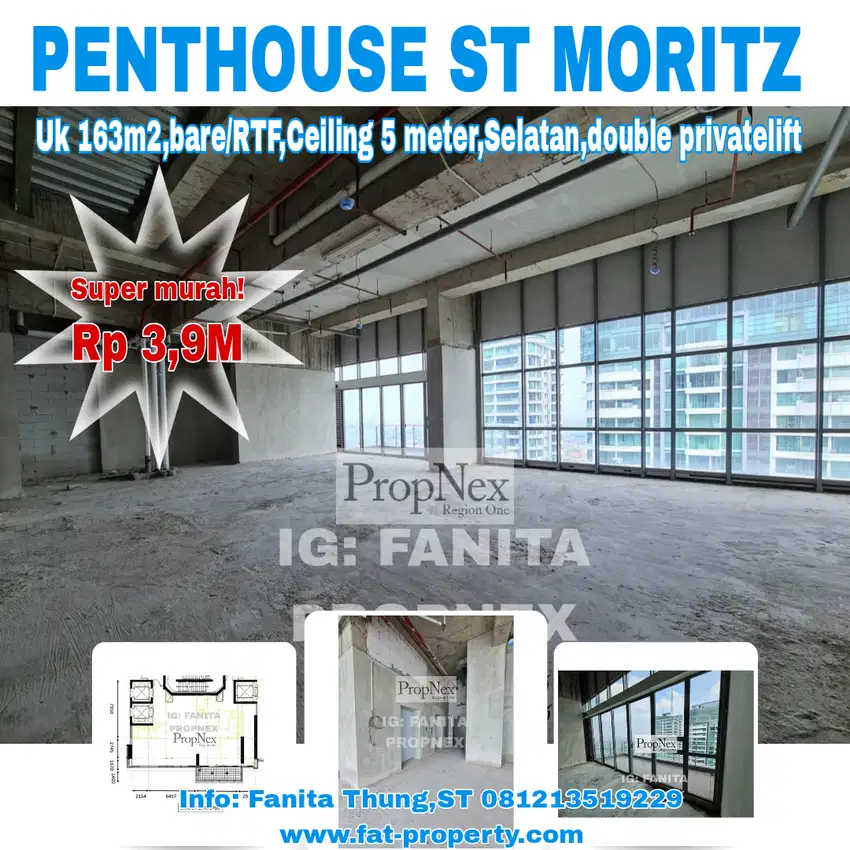 Dijual penthouse ST MORITZ Twr New Ambasador 163m2 bare/Rtf,ceiling 5