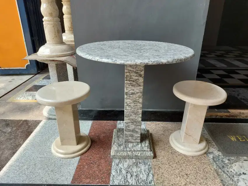 Meja Teras Granit White Panther Dan Bangku Marmer Cocok Untuk Teras
