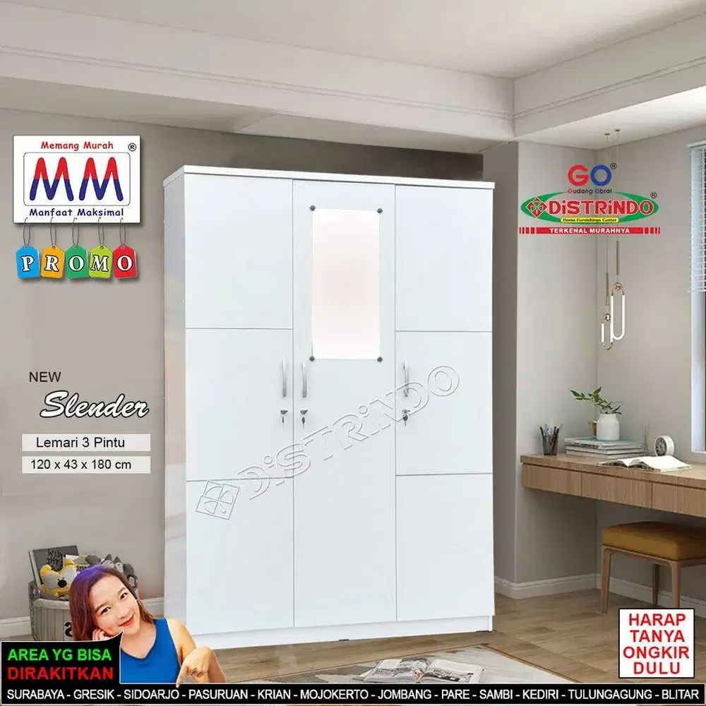 Lemari Pakaian KAYU 3 Pintu Minimalis ada Cermin + Laci Tebal