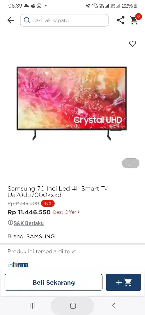 Samsung 70 inci led 4k smart tv Ua70du7000