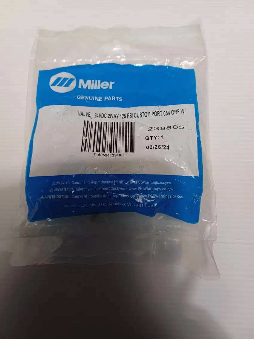 Miller 238805  Valve , 24V DC 2 Way  Gas Solenoid
