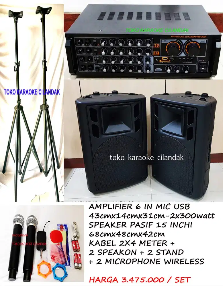 paket karaoke speaker 15in + amplifier mic2