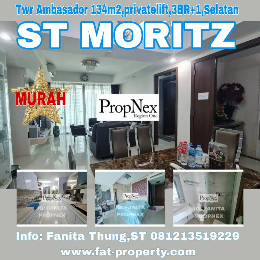 Murah!Dijual Apt ST MORITZ Twr Ambasador 134m2(3BR+1),Privatelift,Sltn