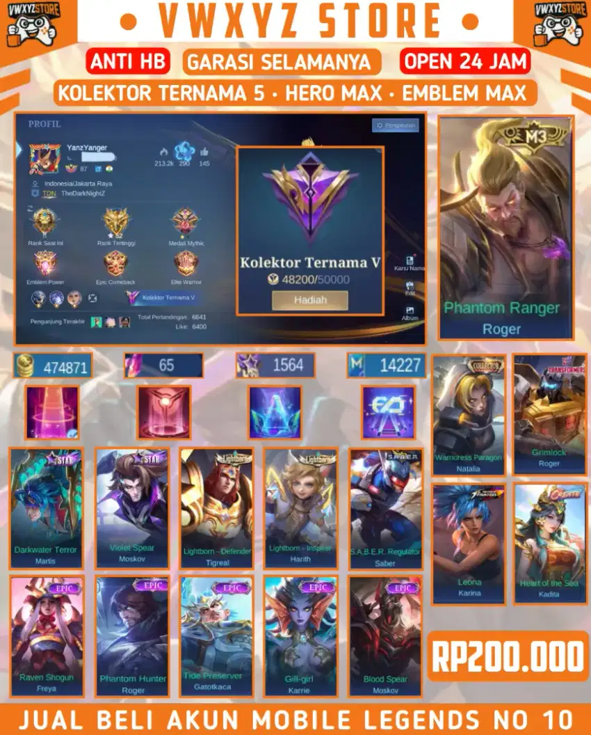 JUAL AKUN ML SKIN 211 HERO MAX EMBLEM MAX BY VWXYZSTORE