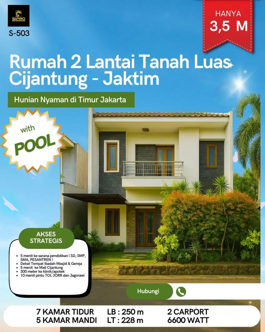 Rumah 2 Lantai Mewah dengan Private Pool  Di Cijantung Jakarta Timur