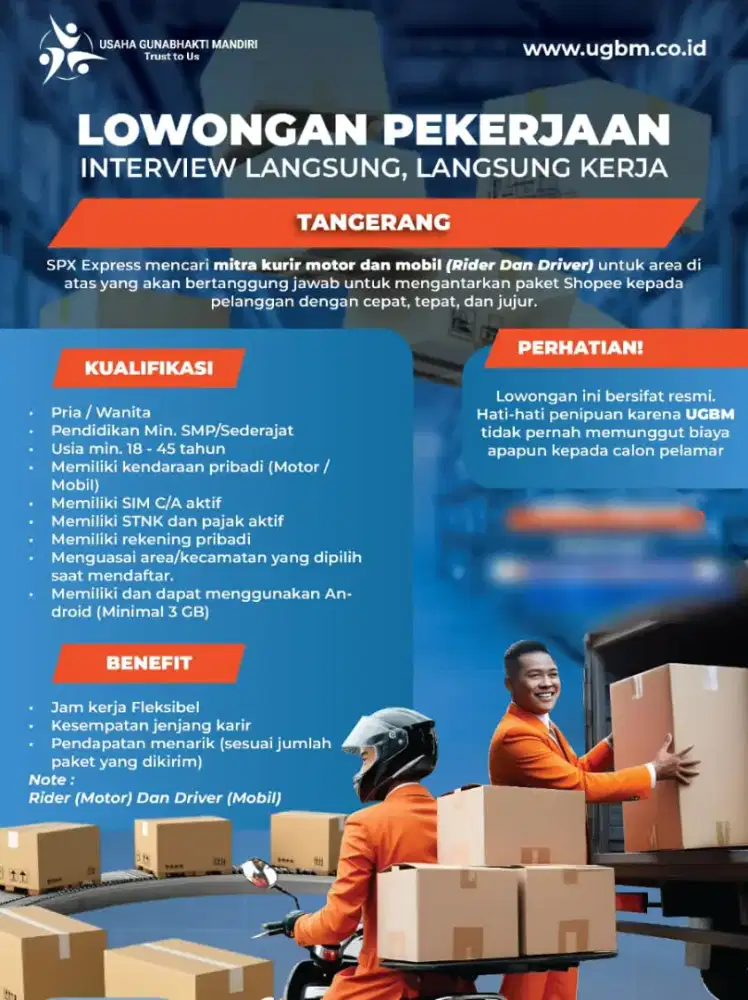 LOWONGAN KERJA RIDER/DRIVER, PONDOK AREN