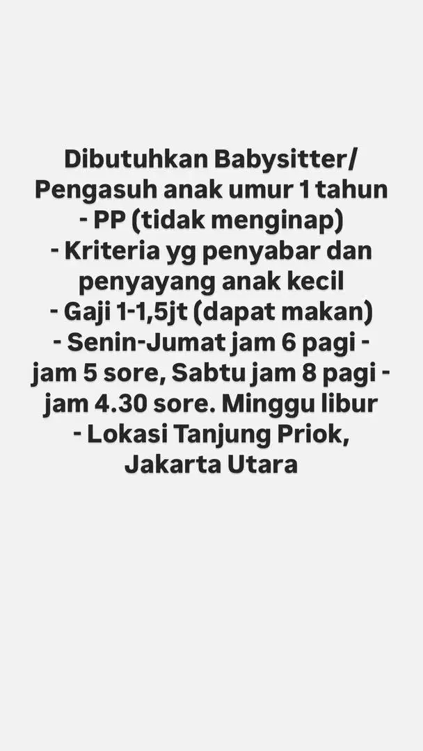 Dibutuhkan Pengasuh/Babysitter PP Anak 1 Tahun