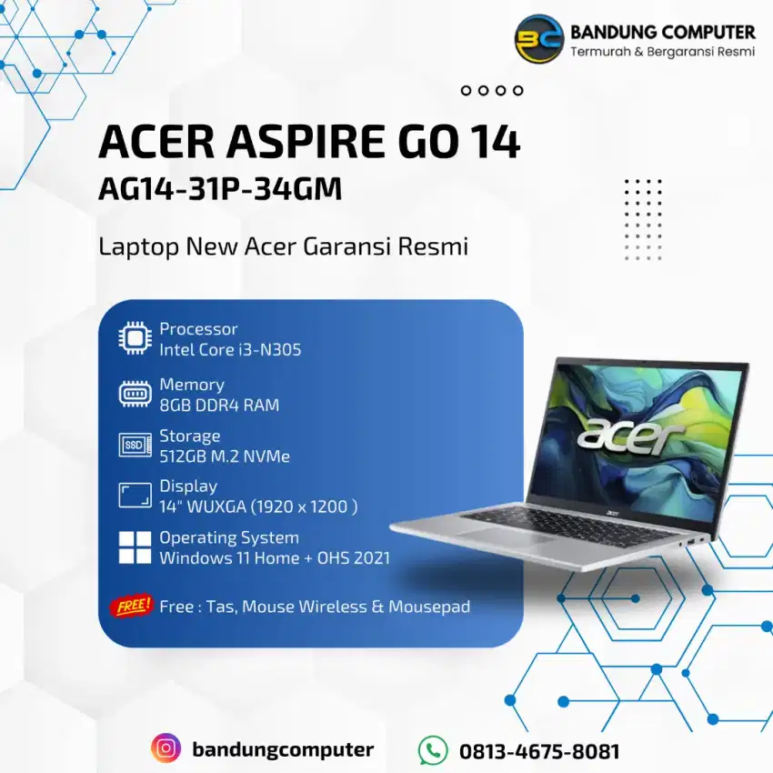 Laptop Acer Aspire Go 14 Intel Core i3 SSD 512GB - Garansi Resmi