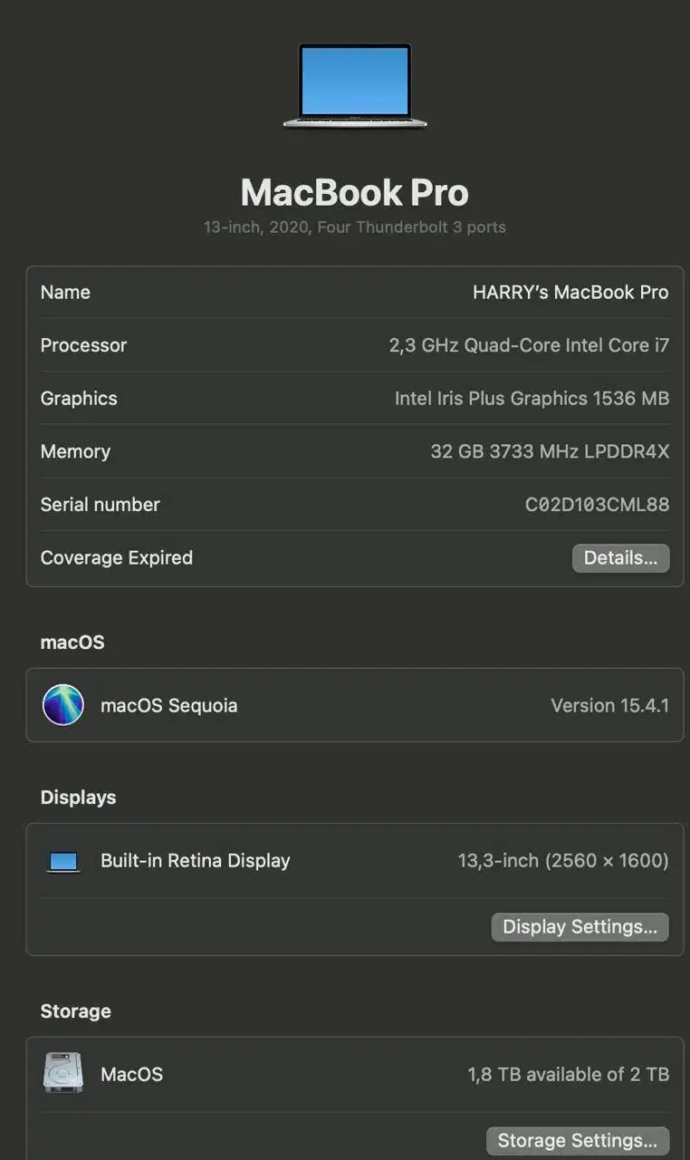 Macbook Pro 2020 CTO Intel i7/32/2TB A2251 Preloved