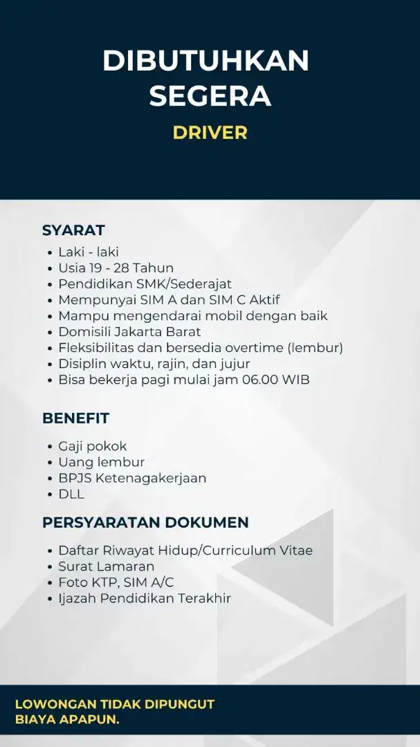 Dibutuhkan Segera Driver dan Admin Toko