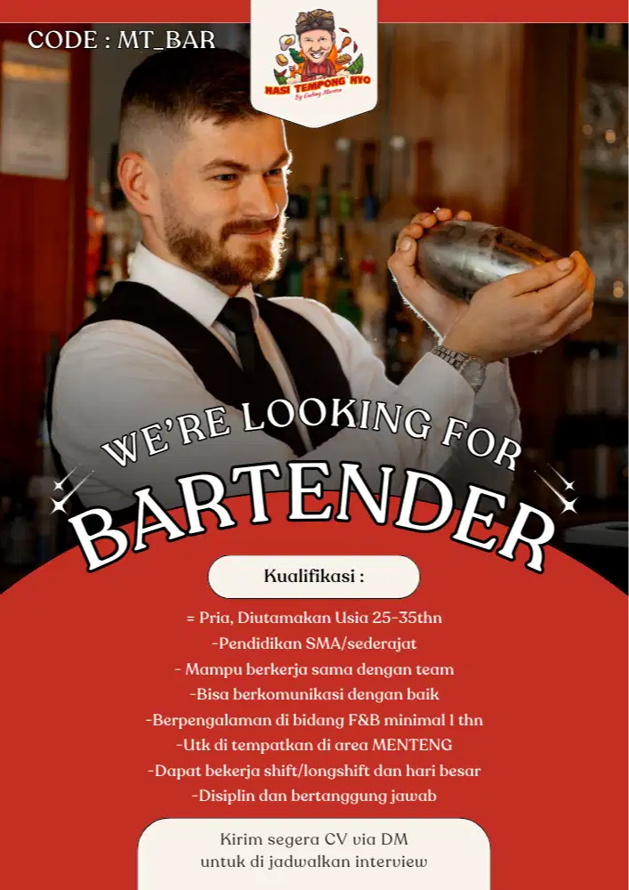 Lowongan Waiters , Bartender, Cook untuk di area MENTENG