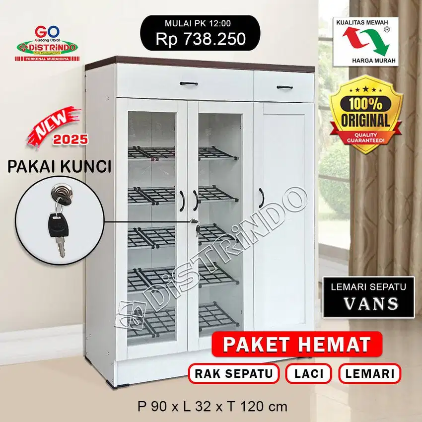 Lemari Rak Sepatu Paket HEMAT, Pintu Kaca isi 5 Rak + 2 Laci Serbaguna